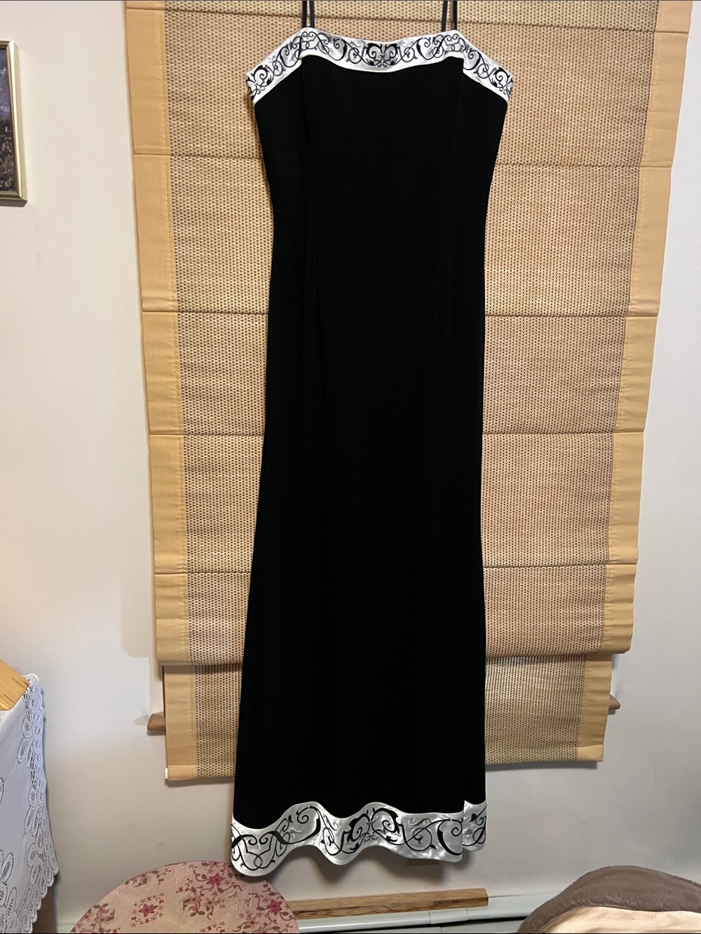 Papell Boutique Black Strapless Evening Gown with White Scroll Trim